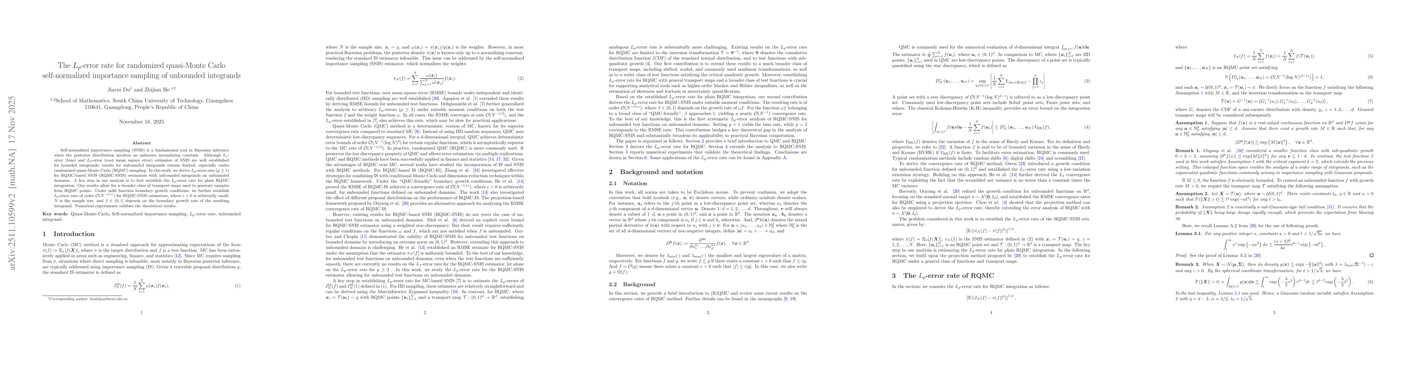 Thumbnail for The $L_p$-error rate for randomized quasi-Monte Carlo self-normalized importance sampling of unbounded integrands