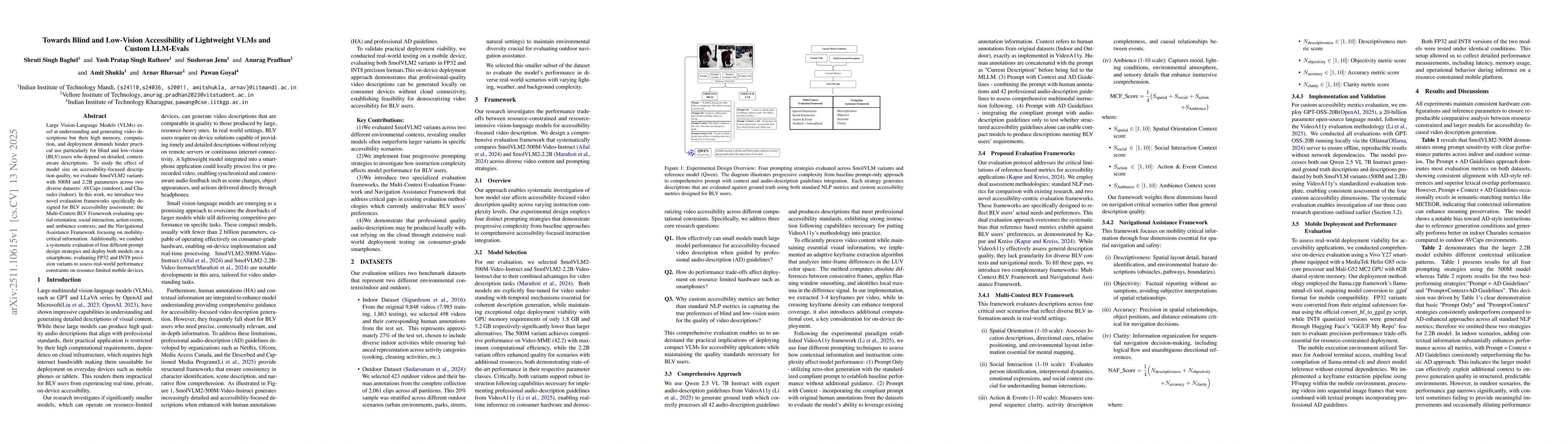 Thumbnail for Towards Blind and Low-Vision Accessibility of Lightweight VLMs and Custom LLM-Evals