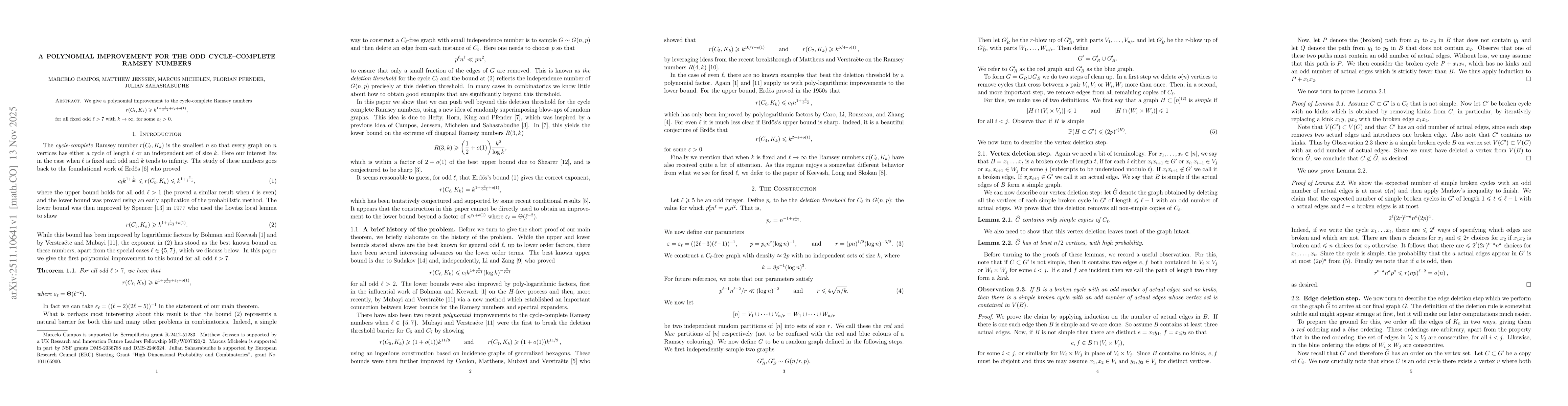 Thumbnail for A polynomial improvement for the odd cycle-complete Ramsey numbers