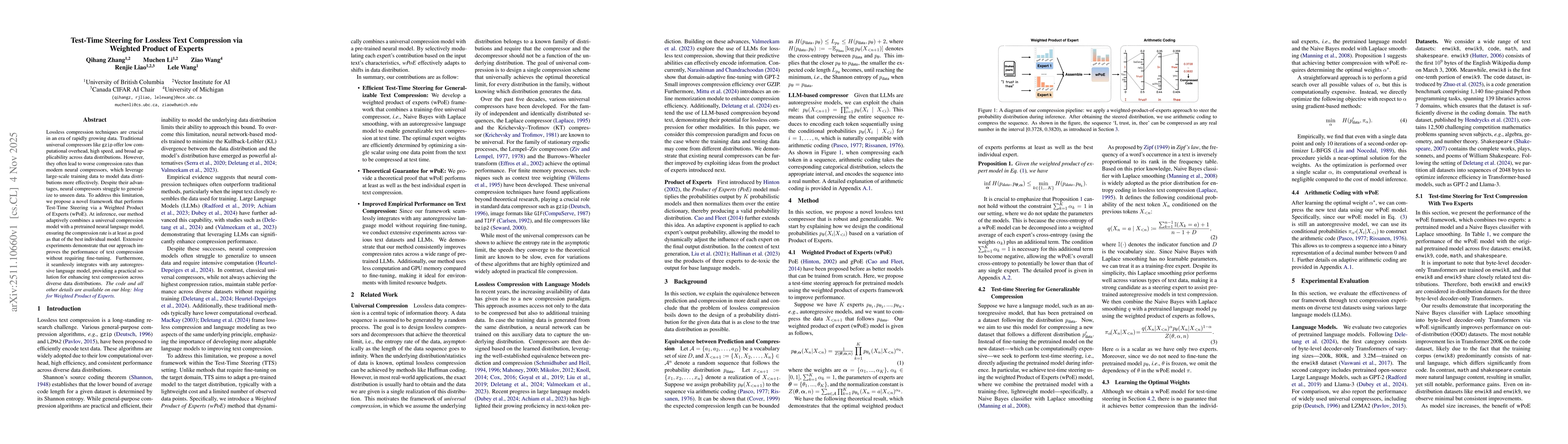 Thumbnail for Test-Time Steering for Lossless Text Compression via Weighted Product of Experts
