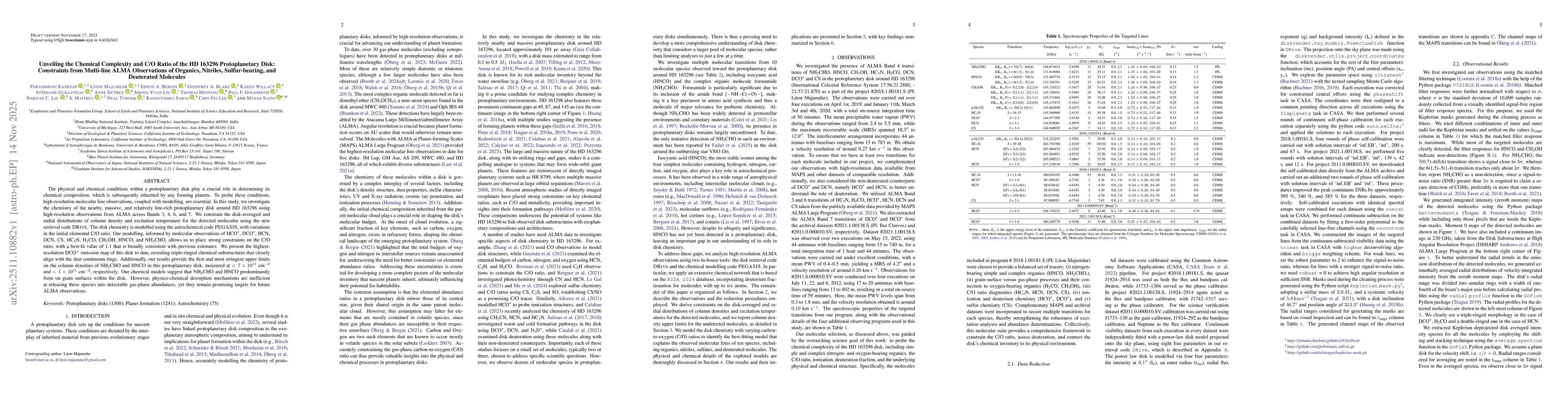 Thumbnail for Unveiling the Chemical Complexity and C/O Ratio of the HD 163296 Protoplanetary Disk: Constraints from Multi-line ALMA Observations of Organics, Nitriles, Sulfur-bearing, and Deuterated Molecules