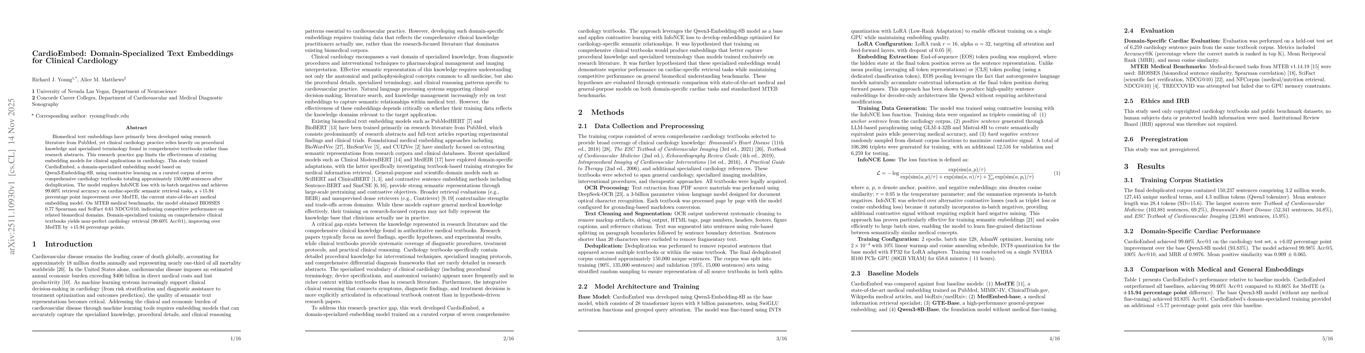 Thumbnail for CardioEmbed: Domain-Specialized Text Embeddings for Clinical Cardiology