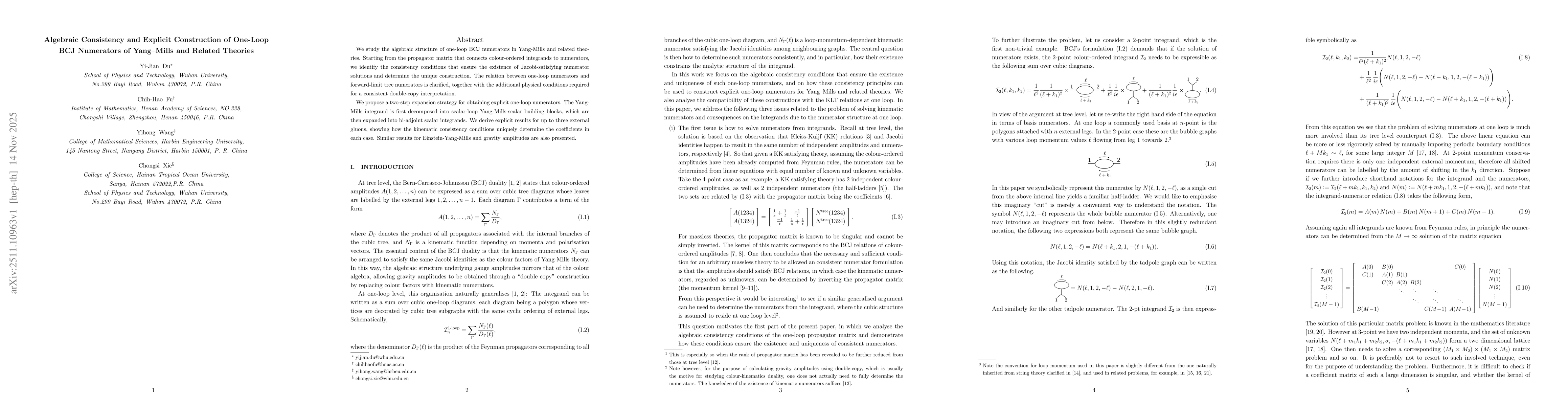 Thumbnail for Algebraic Consistency and Explicit Construction of One-Loop BCJ Numerators of Yang-Mills and Related Theories