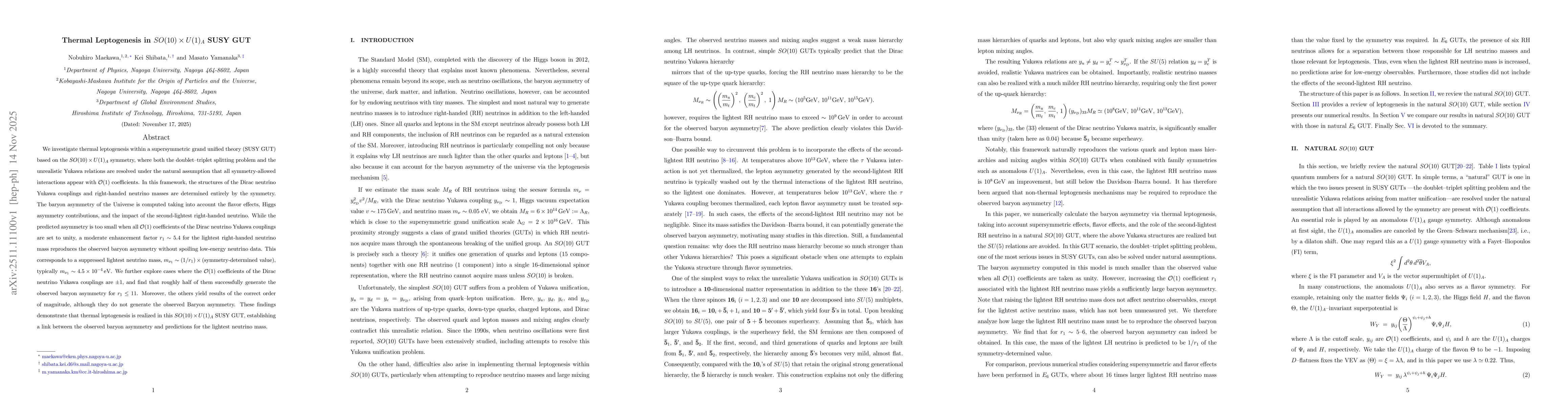 Thumbnail for Thermal Leptogenesis in $SO(10)\times U(1)_A$ SUSY GUT