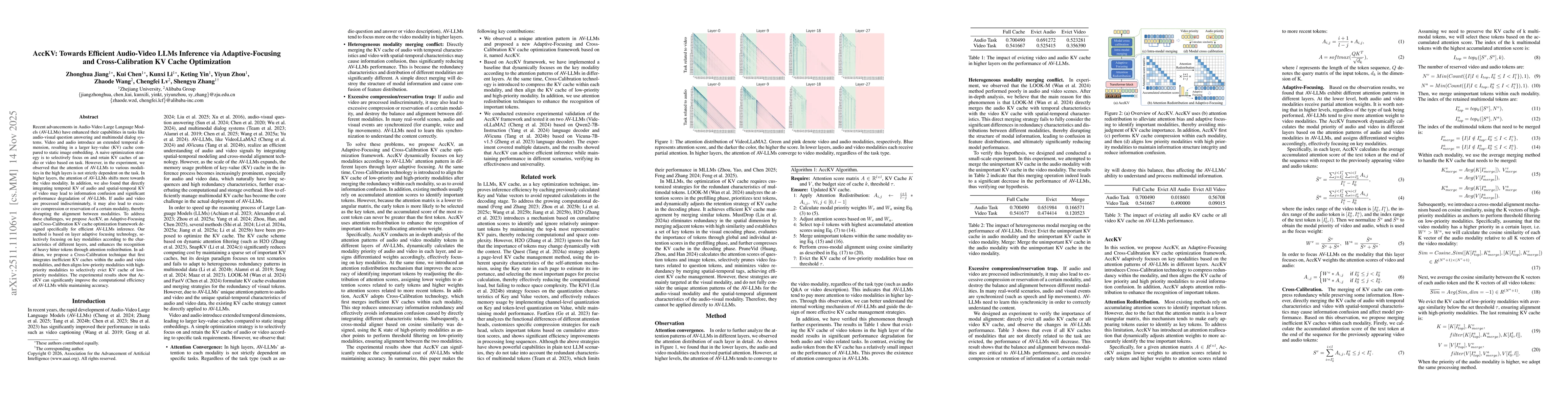 Thumbnail for AccKV: Towards Efficient Audio-Video LLMs Inference via Adaptive-Focusing and Cross-Calibration KV Cache Optimization