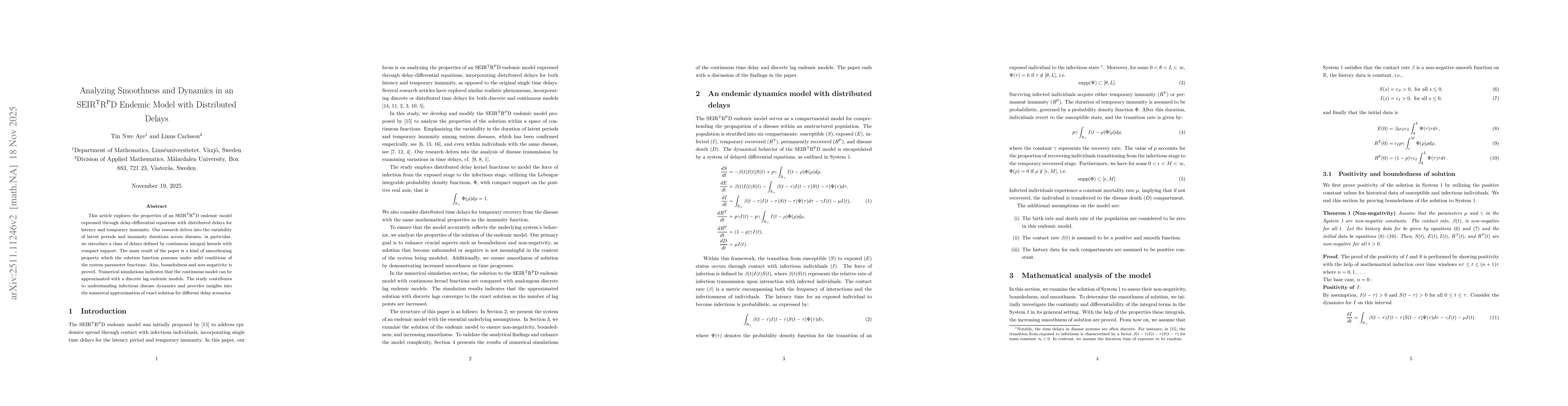 Thumbnail for Analyzing Smoothness and Dynamics in an SEIR$^{\text{T}}$R$^{\text{P}}$D Endemic Model with Distributed Delays