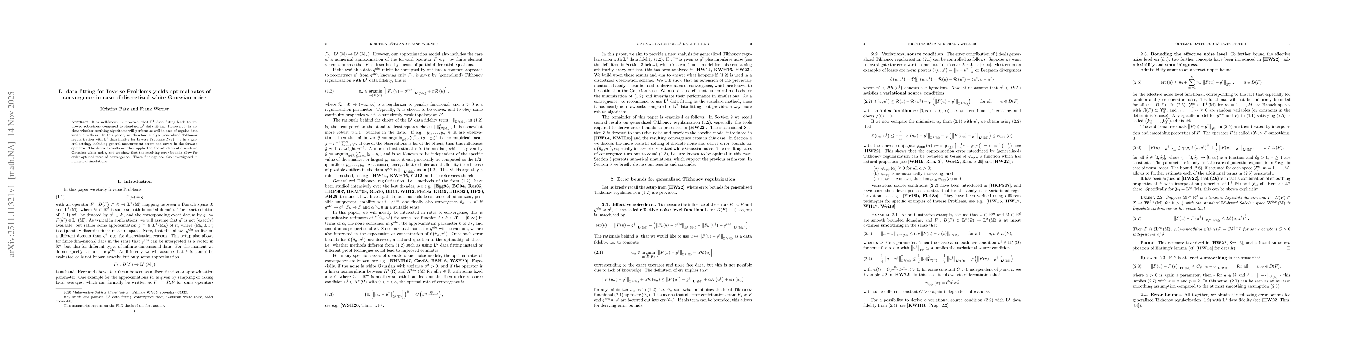 Thumbnail for L^1 data fitting for Inverse Problems yields optimal rates of convergence in case of discretized white Gaussian noise