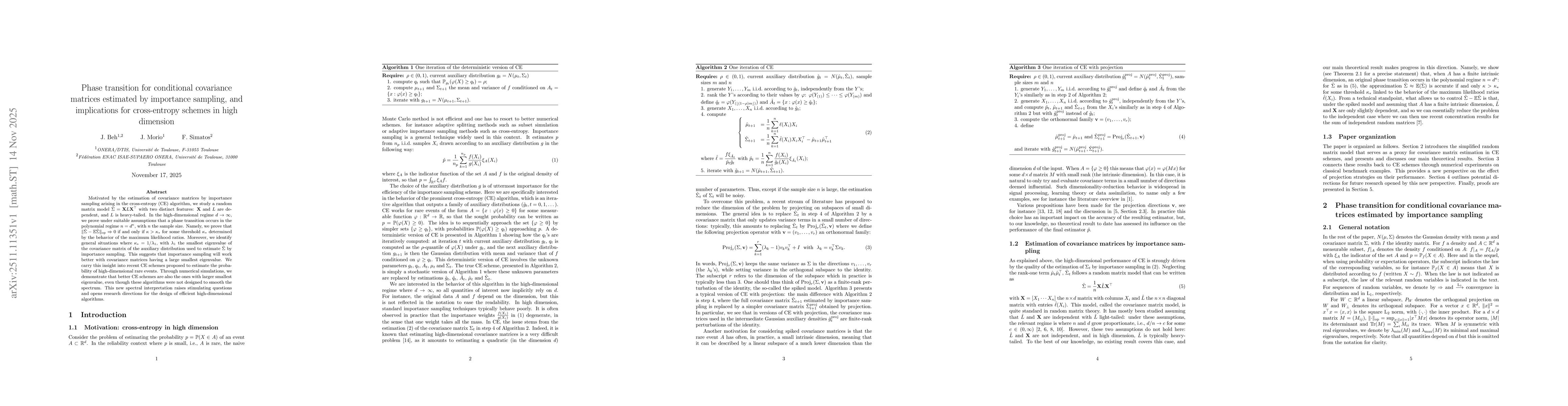 Thumbnail for Phase transition for conditional covariance matrices estimated by importance sampling, and implications for cross-entropy schemes in high dimension
