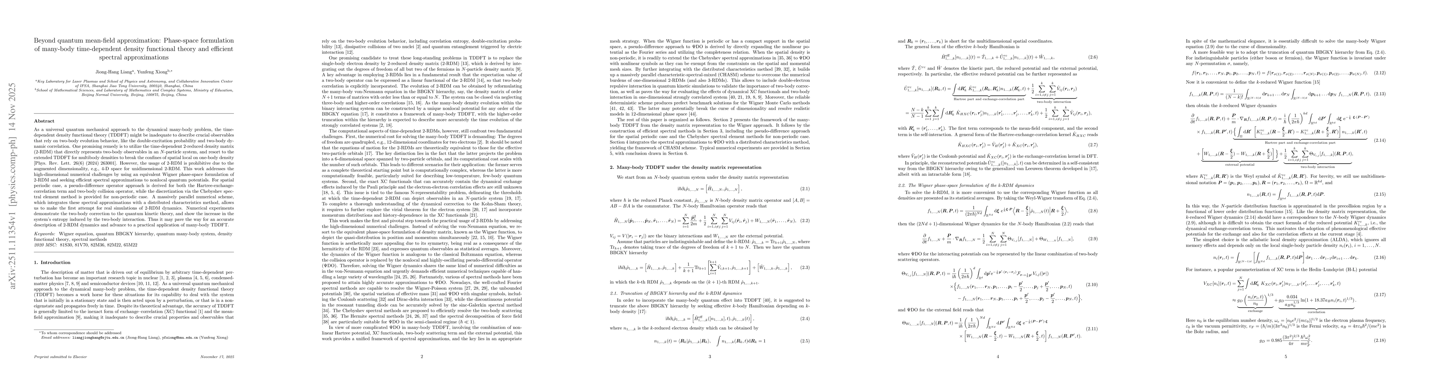 Thumbnail for Beyond quantum mean-field approximation: Phase-space formulation of many-body time-dependent density functional theory and efficient spectral approximations