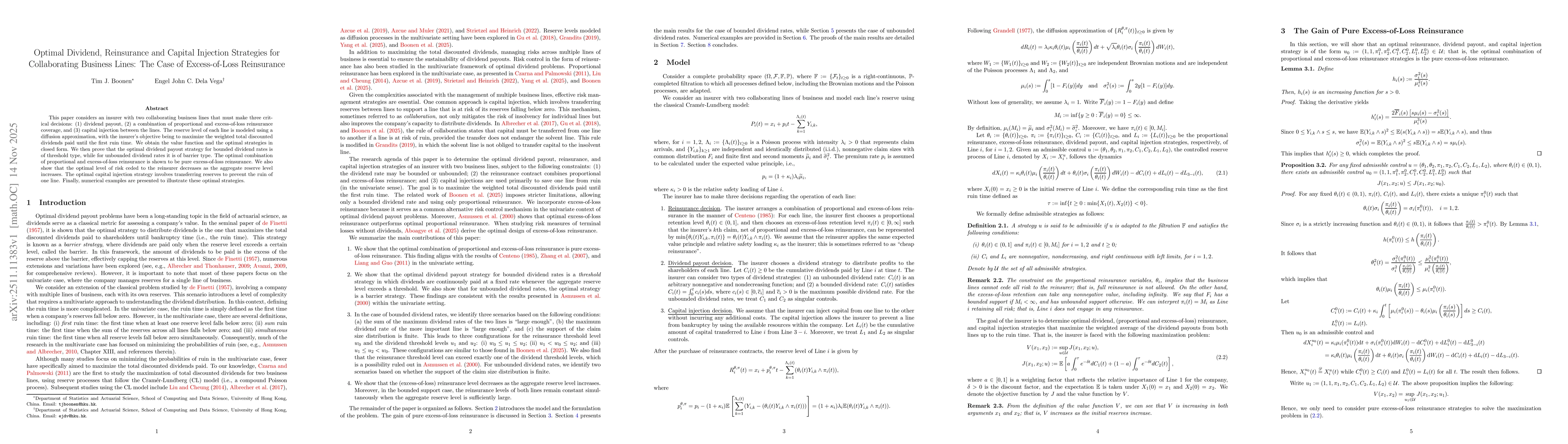Thumbnail for Optimal Dividend, Reinsurance and Capital Injection Strategies for Collaborating Business Lines: The Case of Excess-of-Loss Reinsurance