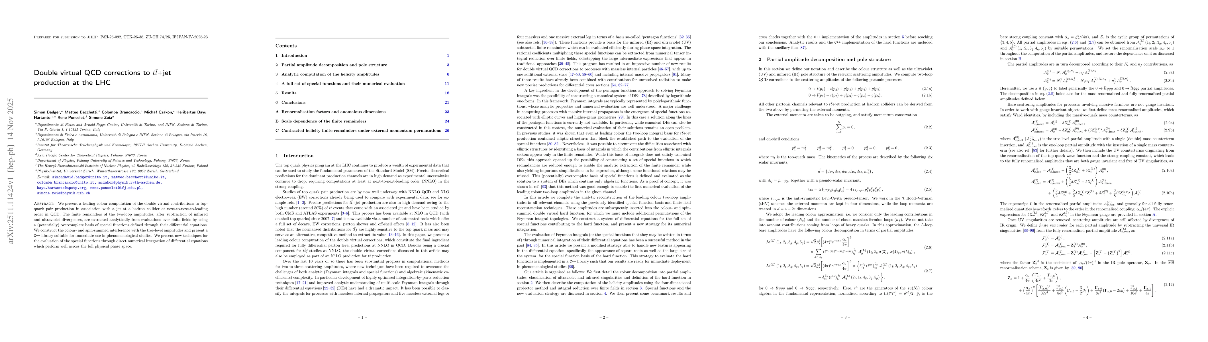 Thumbnail for Double virtual QCD corrections to $t\bar{t}+$jet production at the LHC