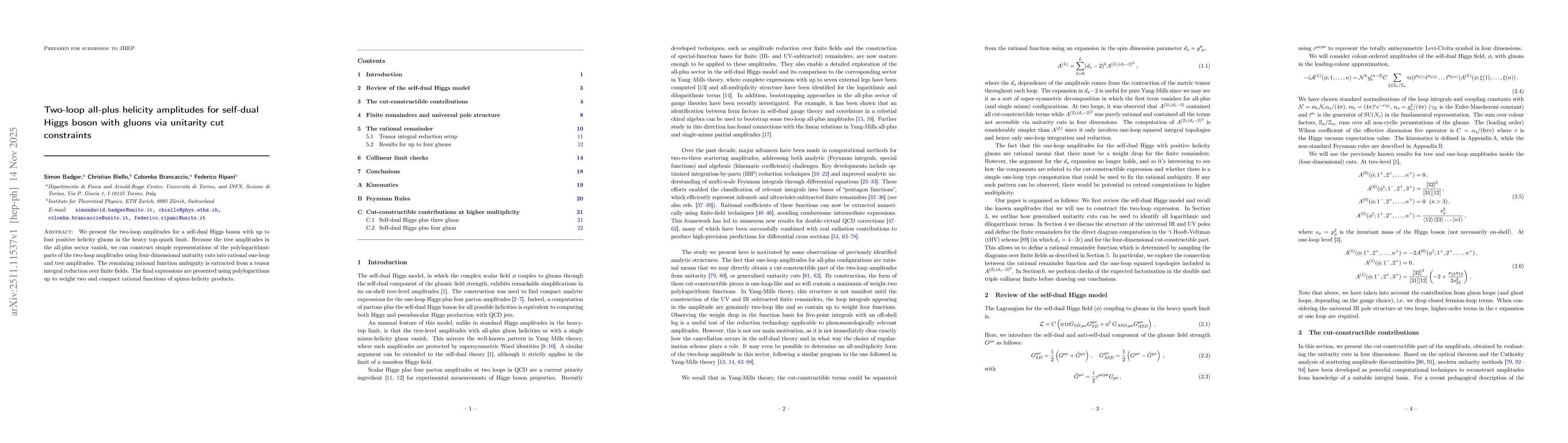 Thumbnail for Two-loop all-plus helicity amplitudes for self-dual Higgs boson with gluons via unitarity cut constraints