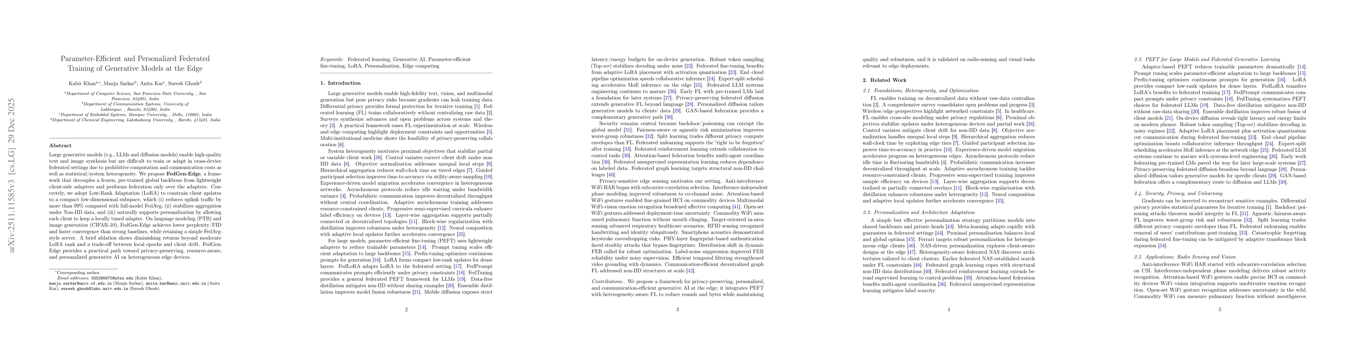 Thumbnail for Parameter-Efficient and Personalized Federated Training of Generative Models at the Edge