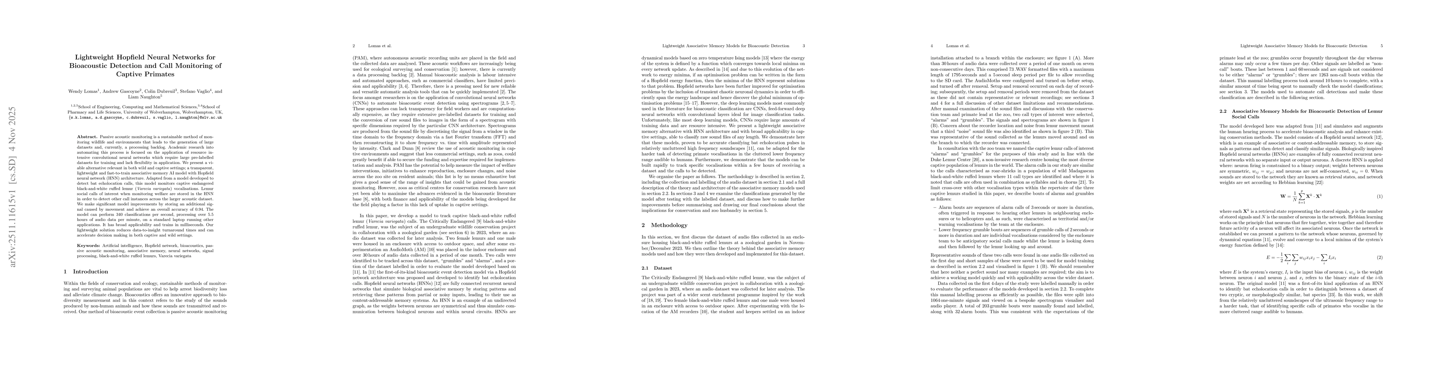 Thumbnail for Lightweight Hopfield Neural Networks for Bioacoustic Detection and Call Monitoring of Captive Primates