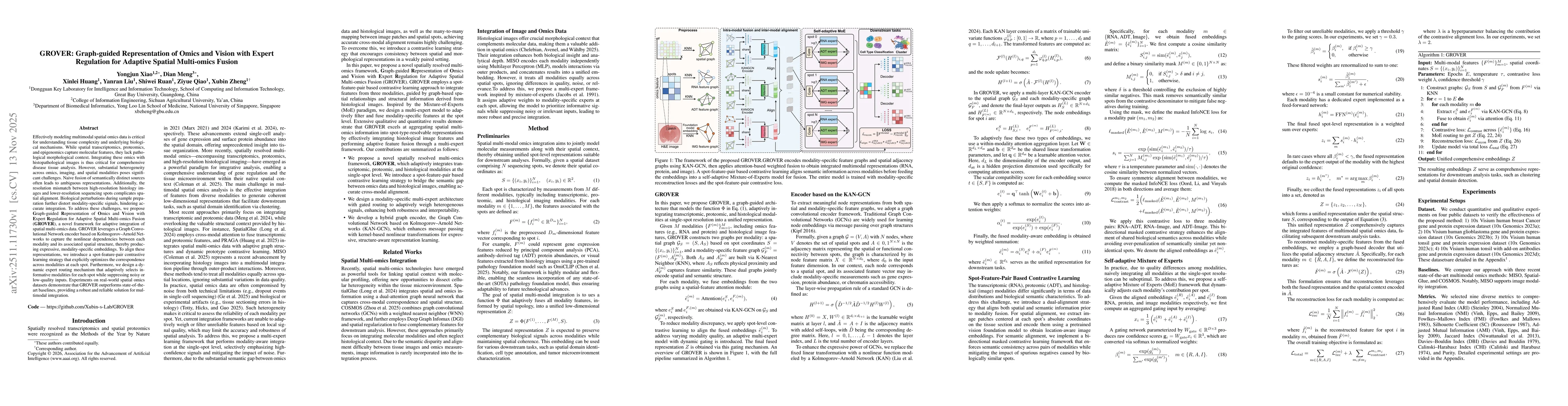 Thumbnail for GROVER: Graph-guided Representation of Omics and Vision with Expert Regulation for Adaptive Spatial Multi-omics Fusion
