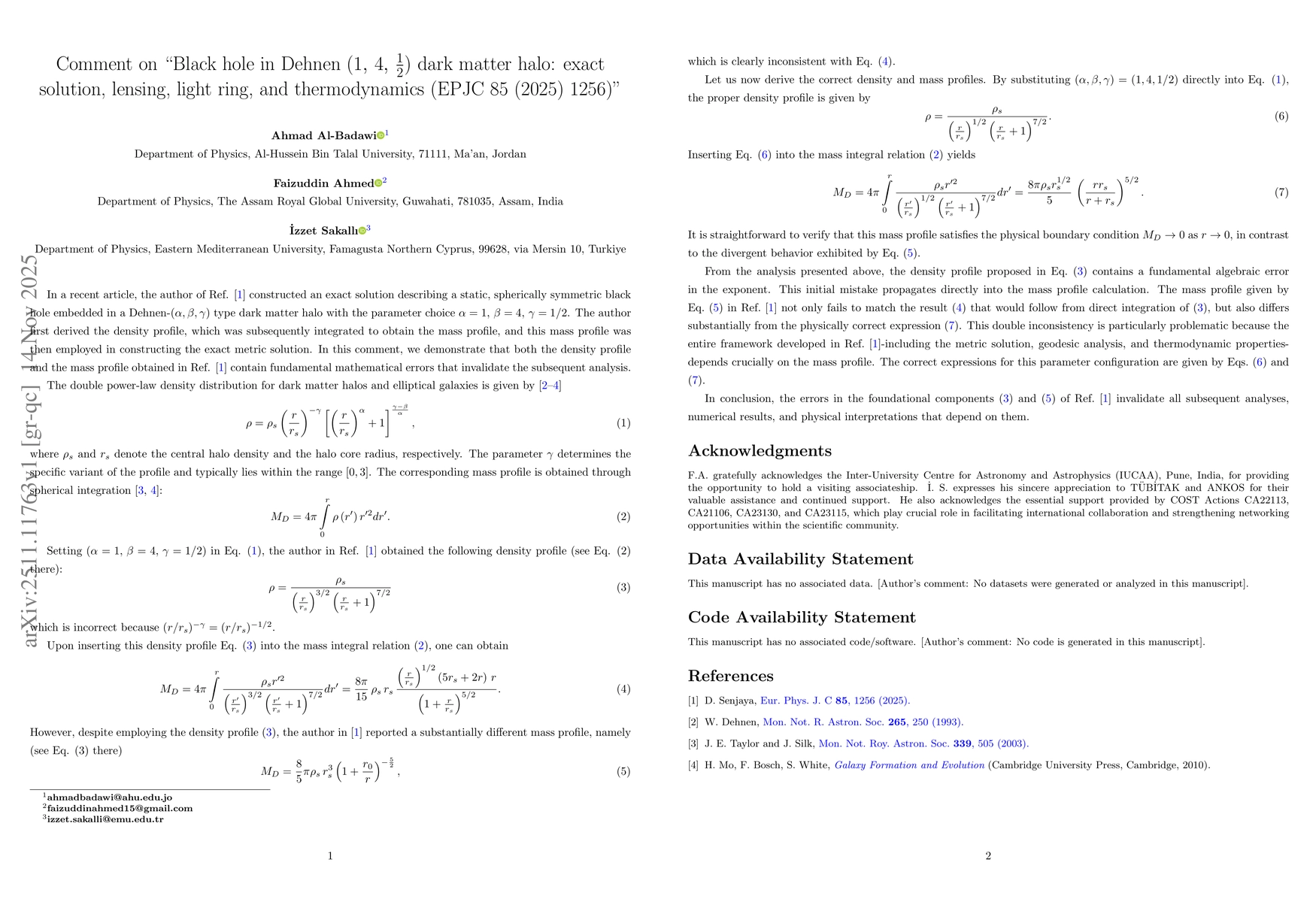 Thumbnail for Comment on "Black hole in Dehnen $(1,\,4,\,\frac{1}{2})$ dark matter halo: exact solution, lensing, light ring, and thermodynamics (EPJC 85 (2025) 1256)"