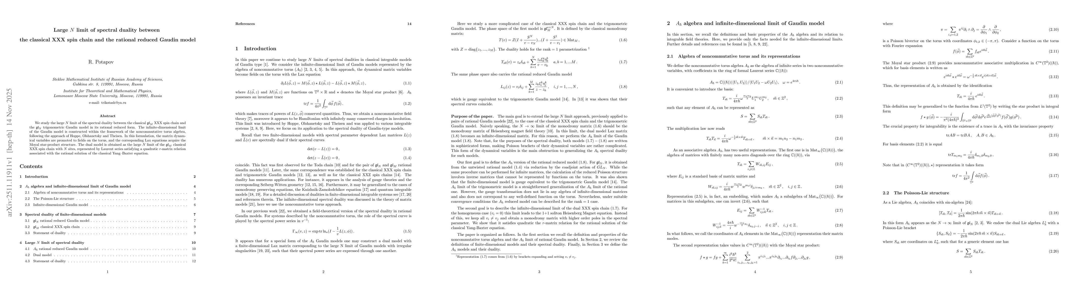 Thumbnail for Large N limit of spectral duality between the classical XXX spin chain and the rational reduced Gaudin model