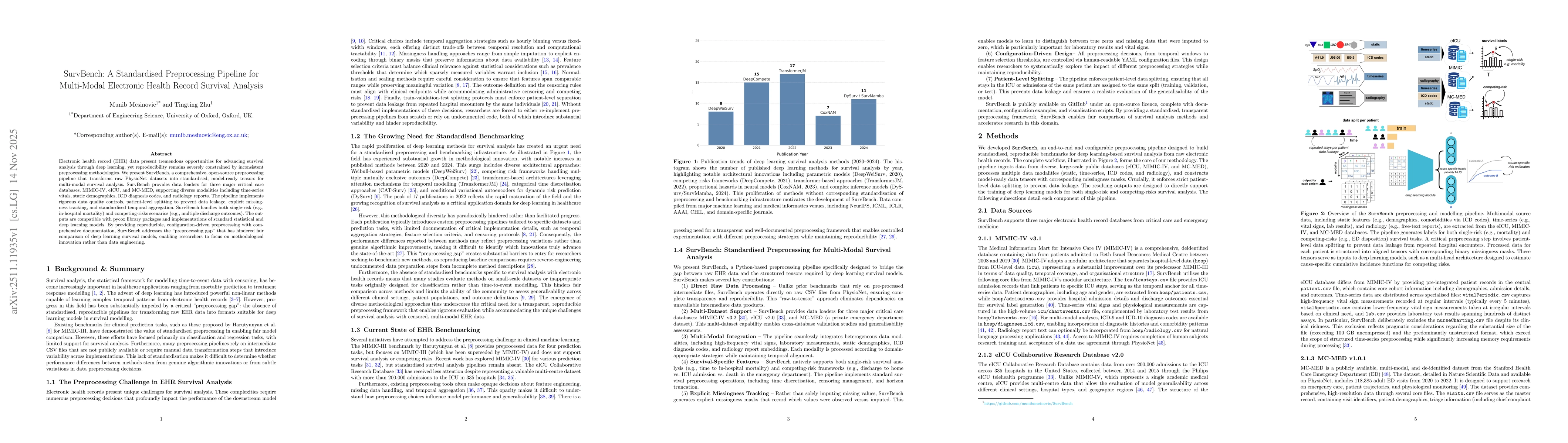 Thumbnail for SurvBench: A Standardised Preprocessing Pipeline for Multi-Modal Electronic Health Record Survival Analysis