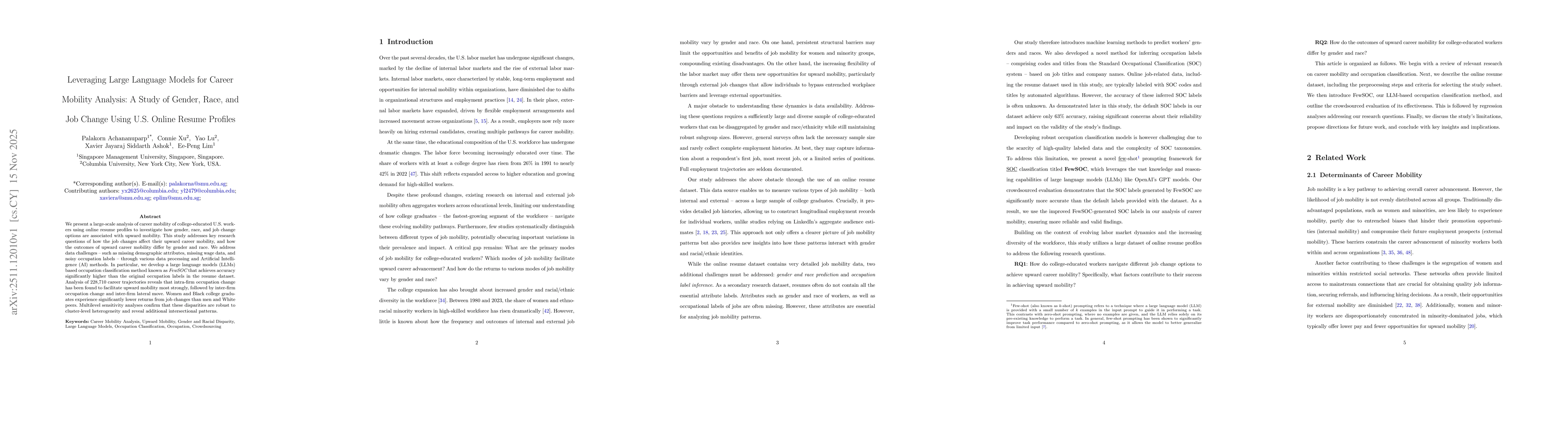 Thumbnail for Leveraging Large Language Models for Career Mobility Analysis: A Study of Gender, Race, and Job Change Using U.S. Online Resume Profiles