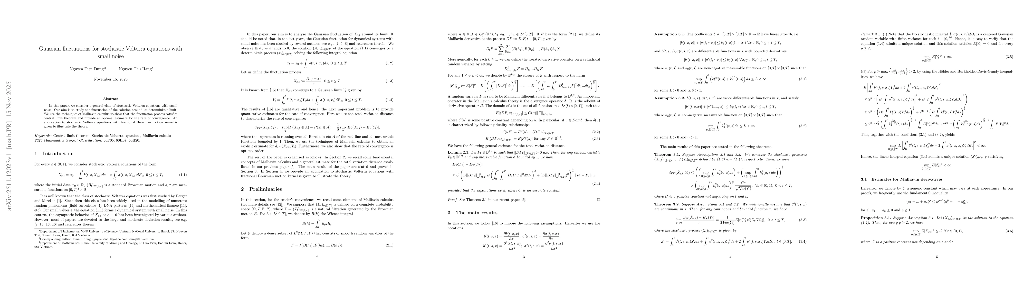 Thumbnail for Gaussian fluctuations for stochastic Volterra equations with small noise