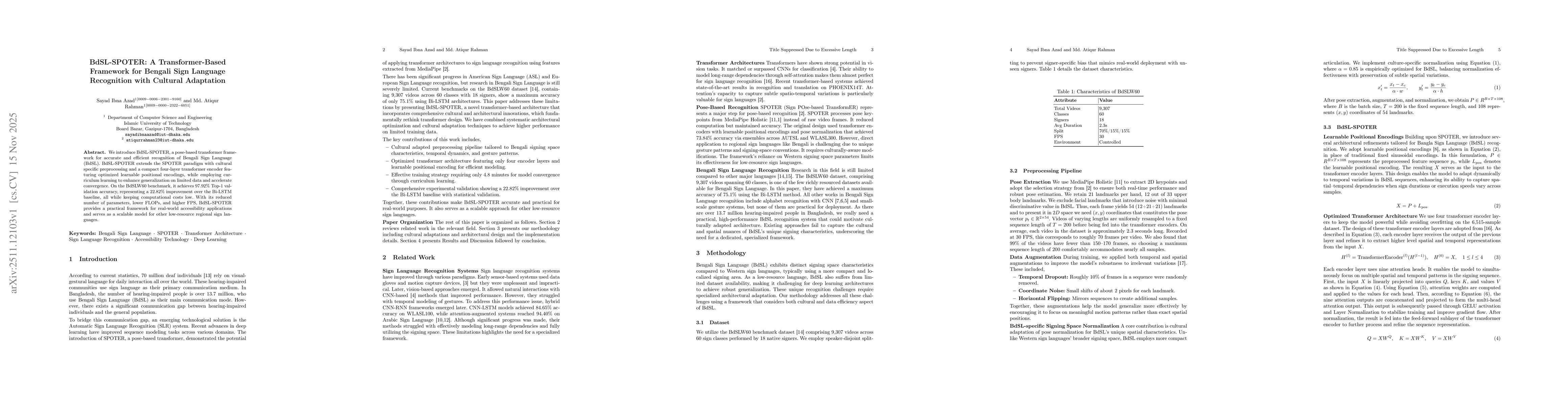 Thumbnail for BdSL-SPOTER: A Transformer-Based Framework for Bengali Sign Language Recognition with Cultural Adaptation