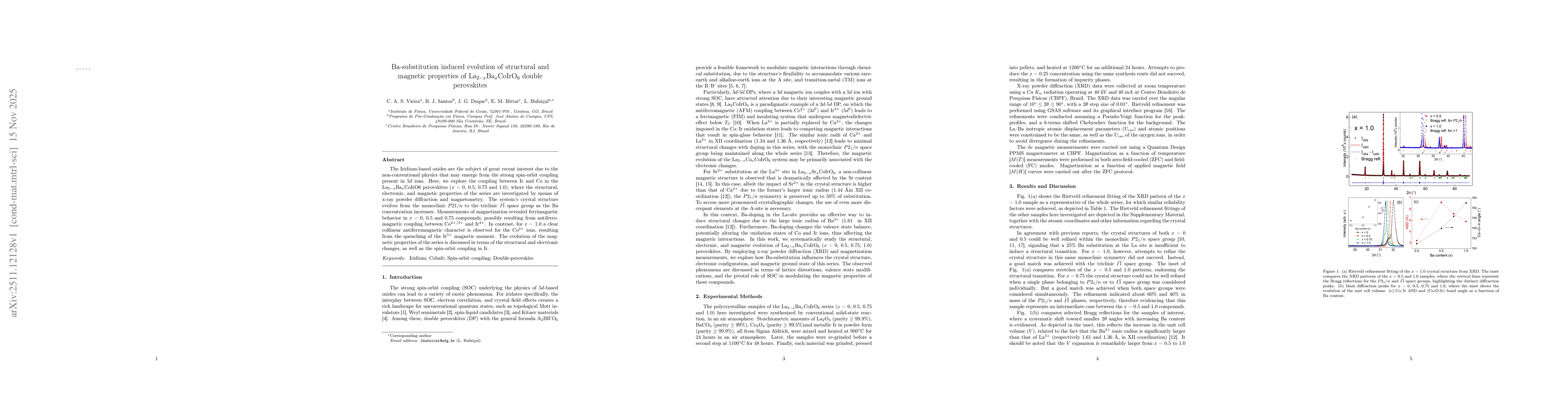 Thumbnail for Ba-substitution induced evolution of structural and magnetic properties of La2-xBaxCoIrO6 double perovskites