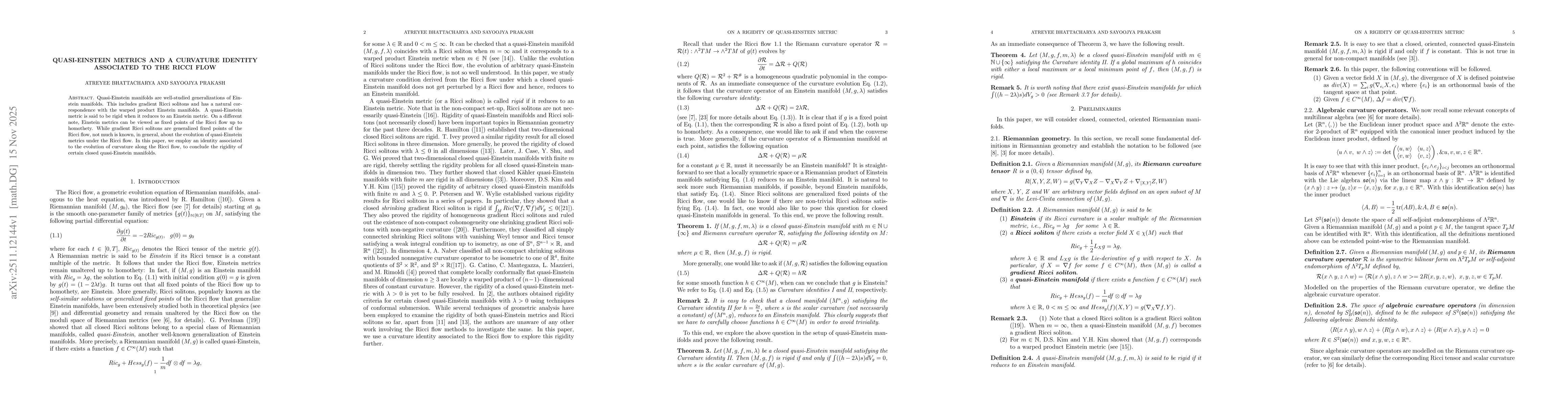 Thumbnail for Quasi-Einstein Metrics and a curvature identity assoicated to the Ricci flow