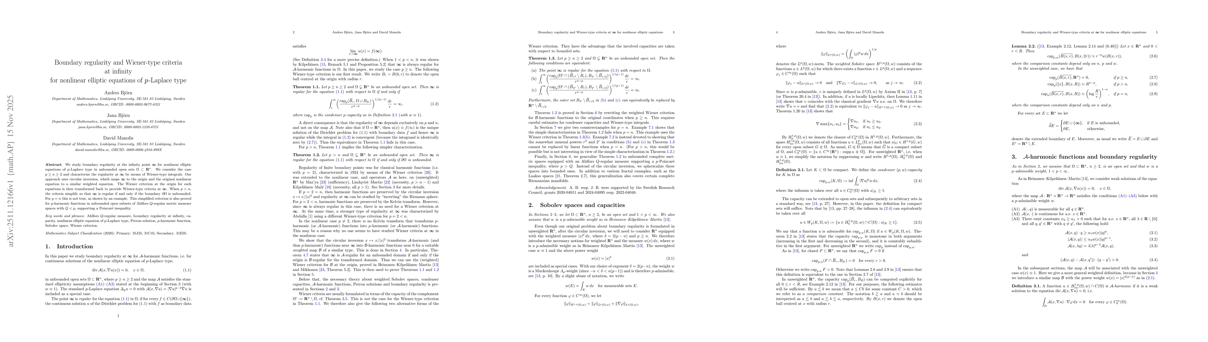 Thumbnail for Boundary regularity and Wiener-type criteria at infinity for nonlinear elliptic equations of $p$-Laplace type