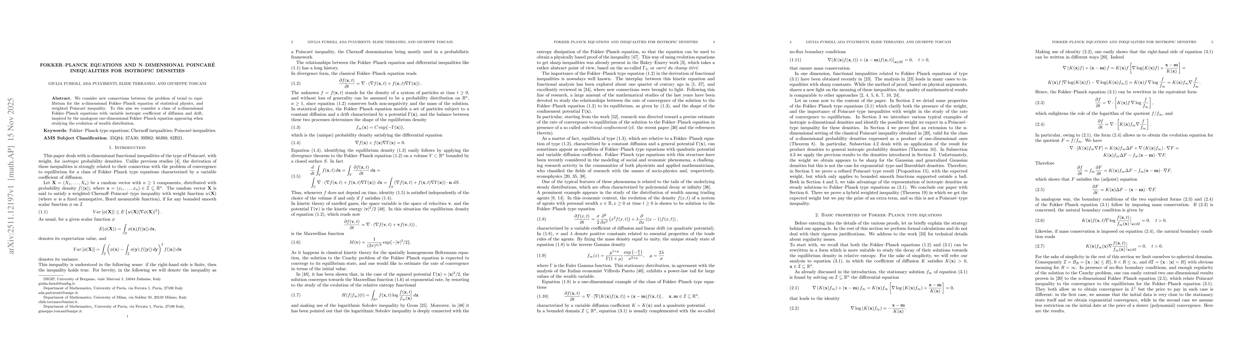 Thumbnail for Fokker--Planck equations and n--dimensional Poincaré inequalities for isotropic densities