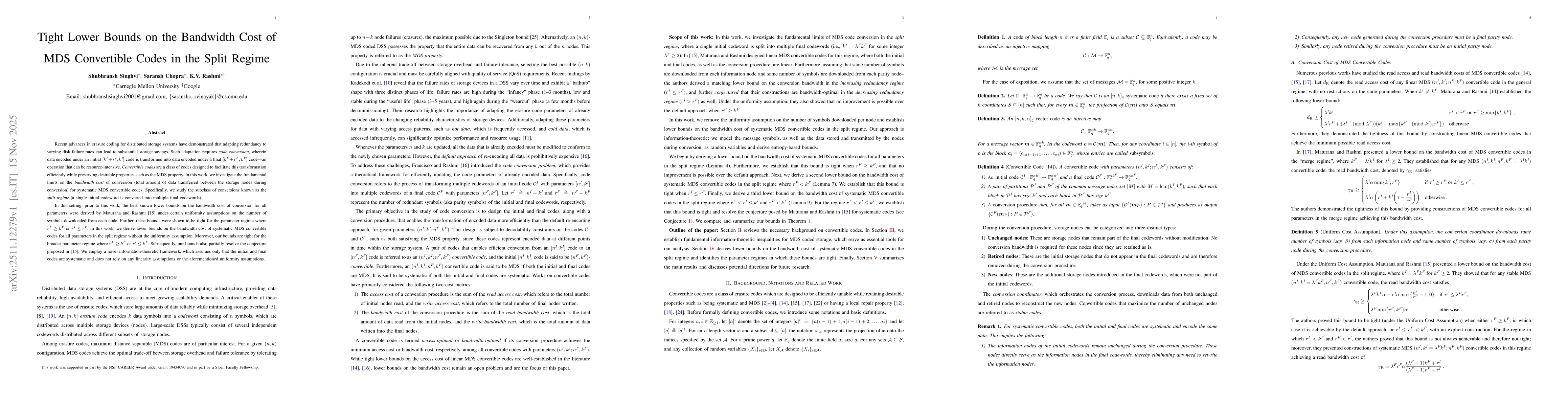 Thumbnail for Tight Lower Bounds on the Bandwidth Cost of MDS Convertible Codes in the Split Regime