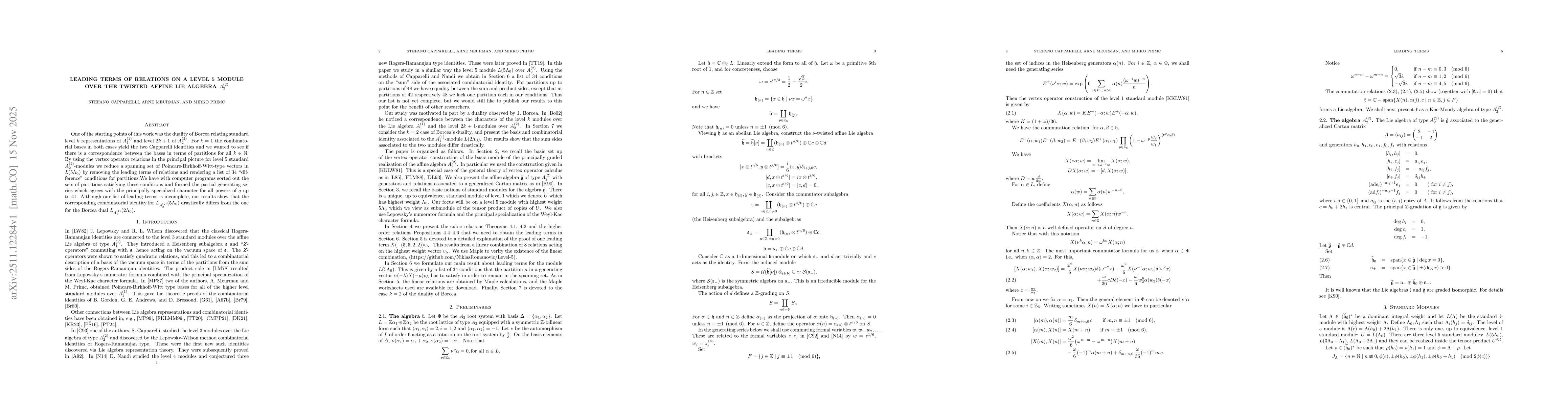 Thumbnail for Leading terms of relations on a level 5 module over the twisted affine Lie algebra $A_2^{(2)}$