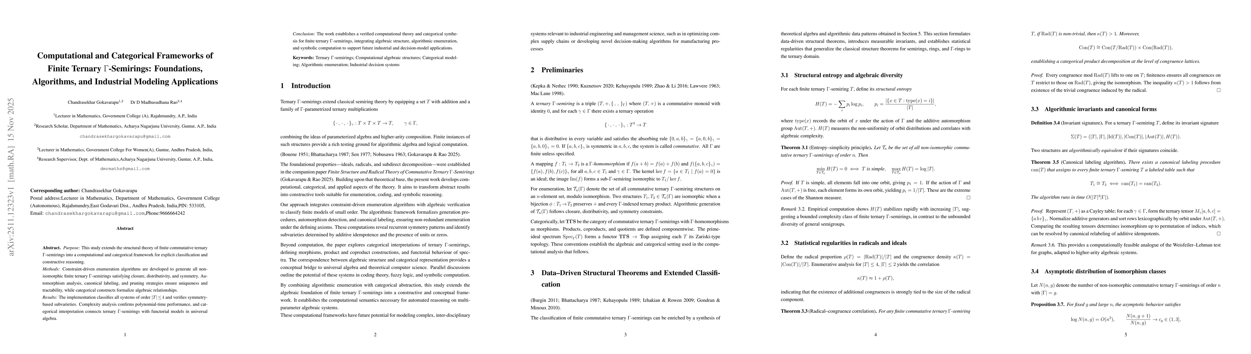 Thumbnail for Computational and Categorical Frameworks of Finite Ternary $Γ$-Semirings: Foundations, Algorithms, and Industrial Modeling Applications