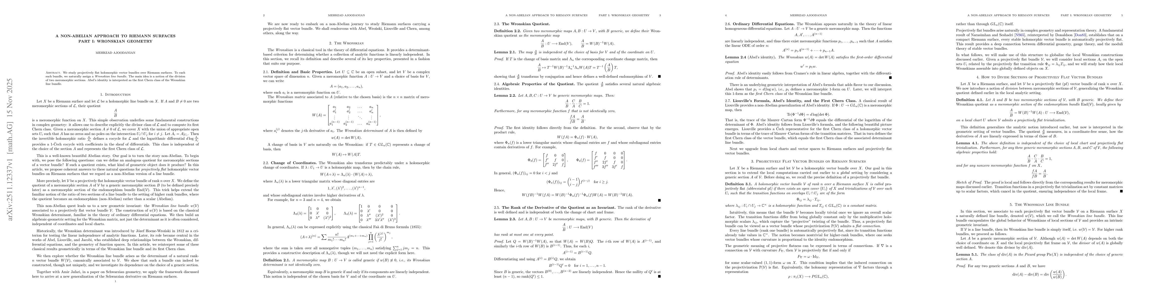 Thumbnail for A Non-Abelian Approach to Riemann Surfaces Part I: Wronskian Geometry
