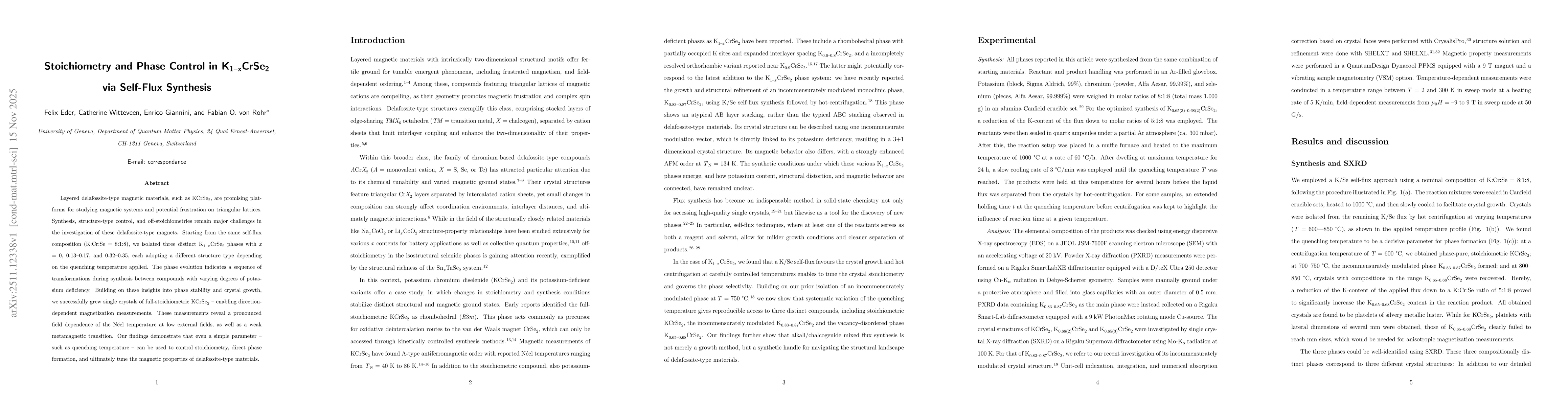 Thumbnail for Stoichiometry and Phase Control in K$_{1-x}$CrSe$_2$ via Self-Flux Synthesis