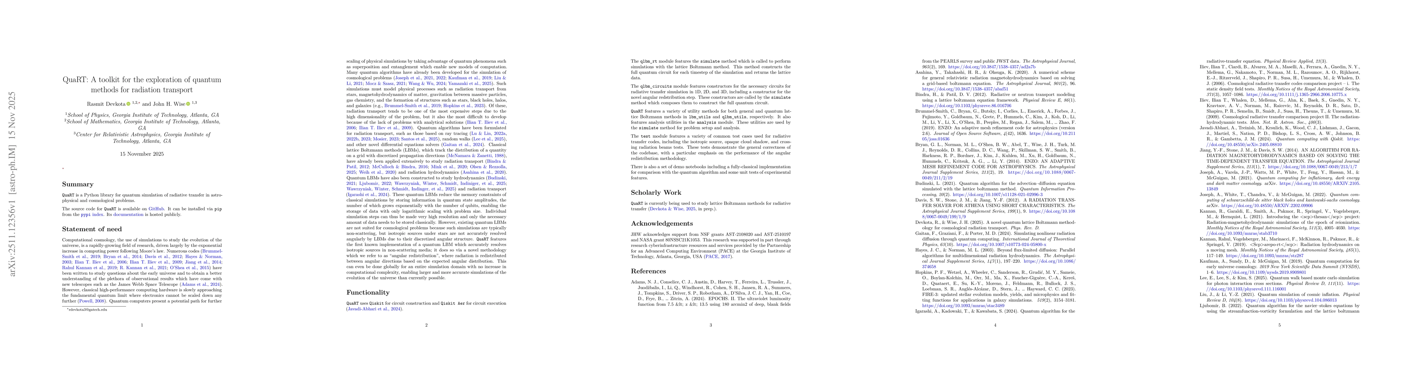 Thumbnail for QuaRT: A toolkit for the exploration of quantum methods for radiation transport