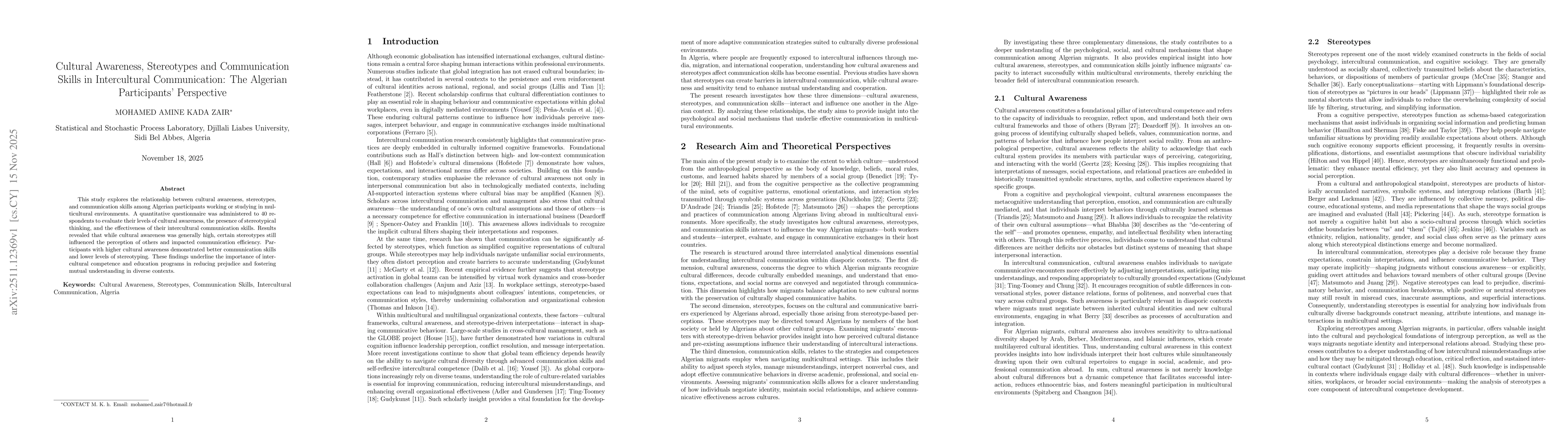 Thumbnail for Cultural Awareness, Stereotypes and Communication Skills in Intercultural Communication: The Algerian Participants Perspective