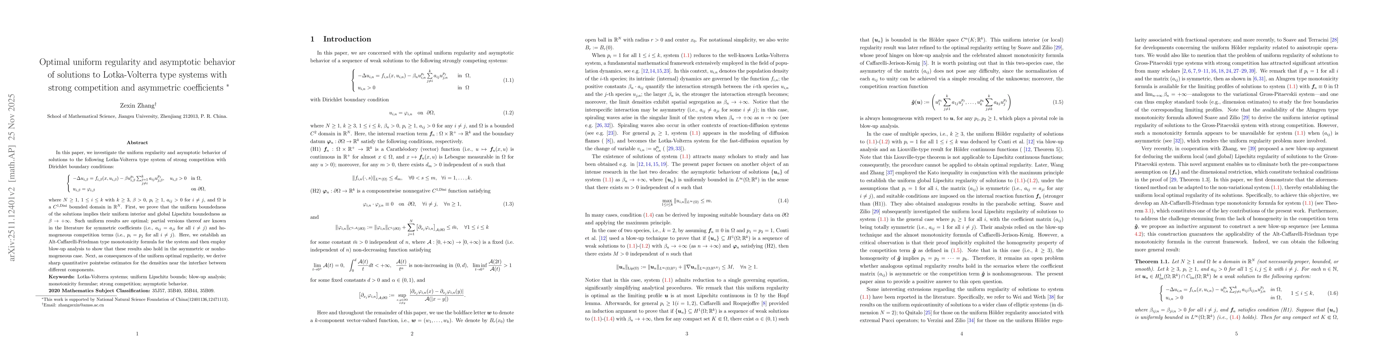 Thumbnail for Optimal uniform regularity and asymptotic behavior of solutions to Lotka-Volterra type systems with strong competition and asymmetric coefficients