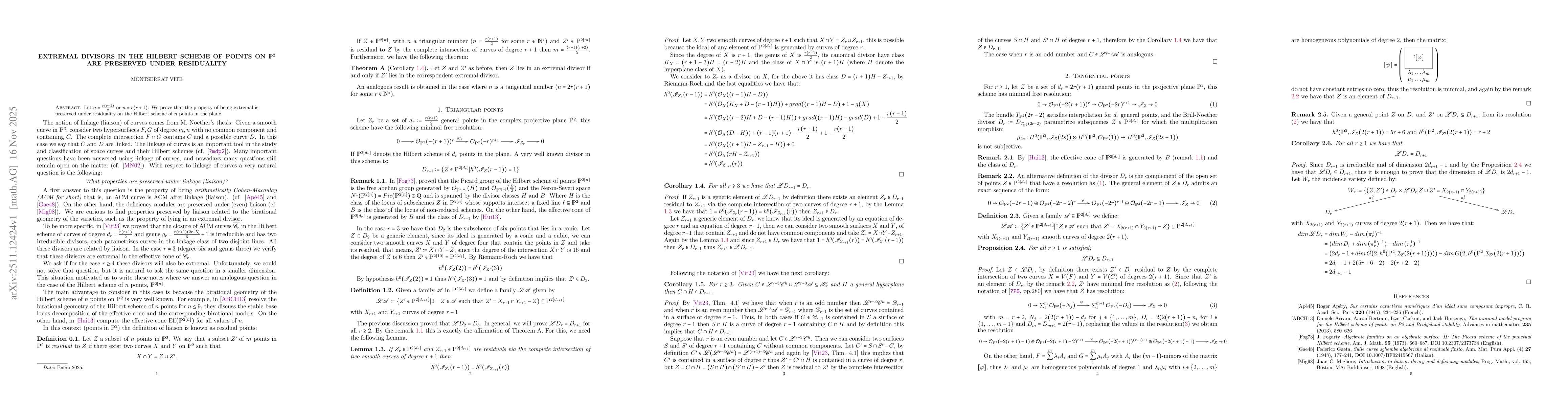 Thumbnail for Extremal divisors in the Hilbert scheme of points on $\mathbb{P}^{2}$ are preserved under residuality