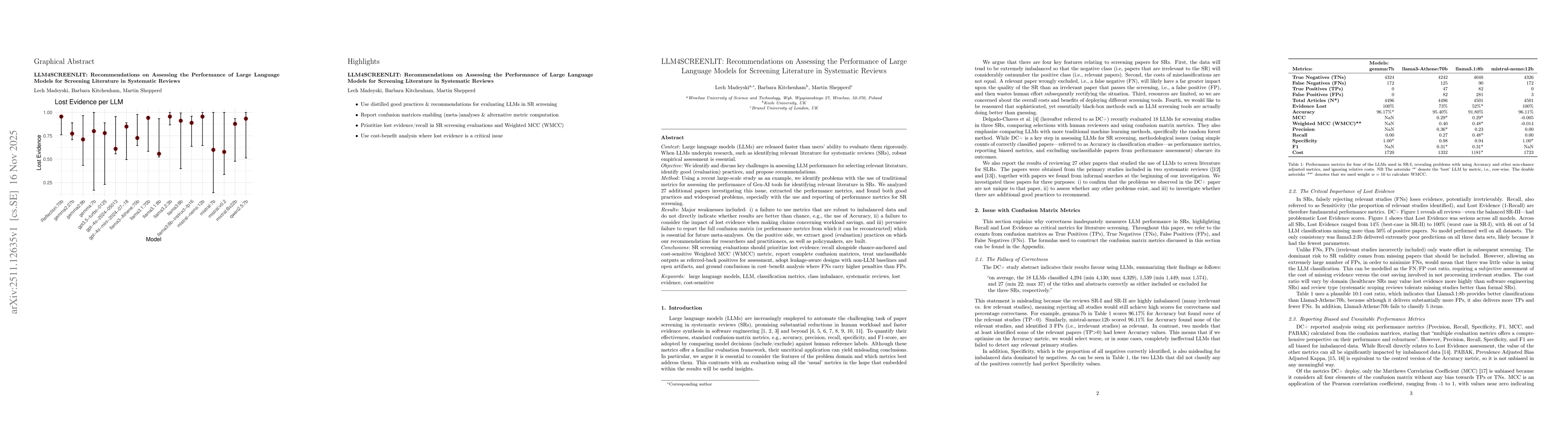 Thumbnail for LLM4SCREENLIT: Recommendations on Assessing the Performance of Large Language Models for Screening Literature in Systematic Reviews