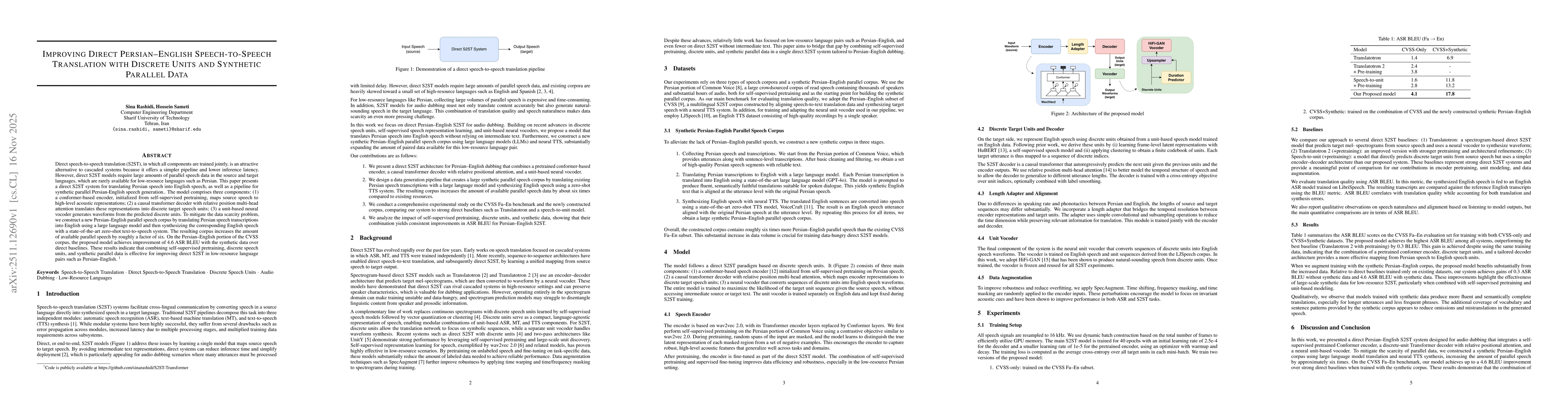 Thumbnail for Improving Direct Persian-English Speech-to-Speech Translation with Discrete Units and Synthetic Parallel Data