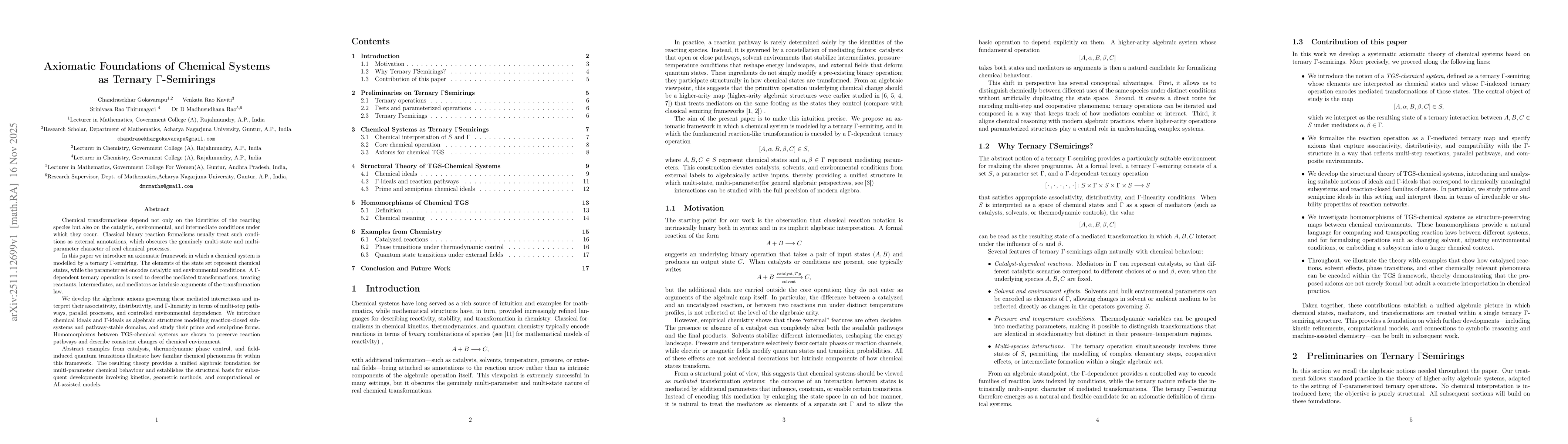 Thumbnail for Axiomatic Foundations of Chemical Systems as Ternary Gamma-Semirings