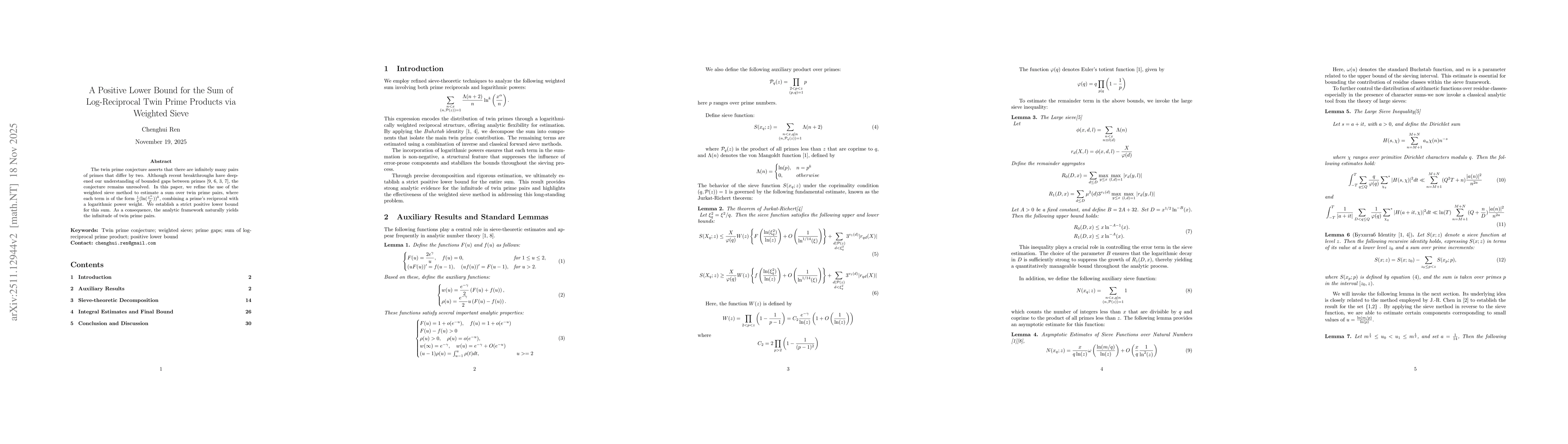 Thumbnail for A Positive Lower Bound for the Sum of Log-Reciprocal Twin Prime Products via Weighted Sieve