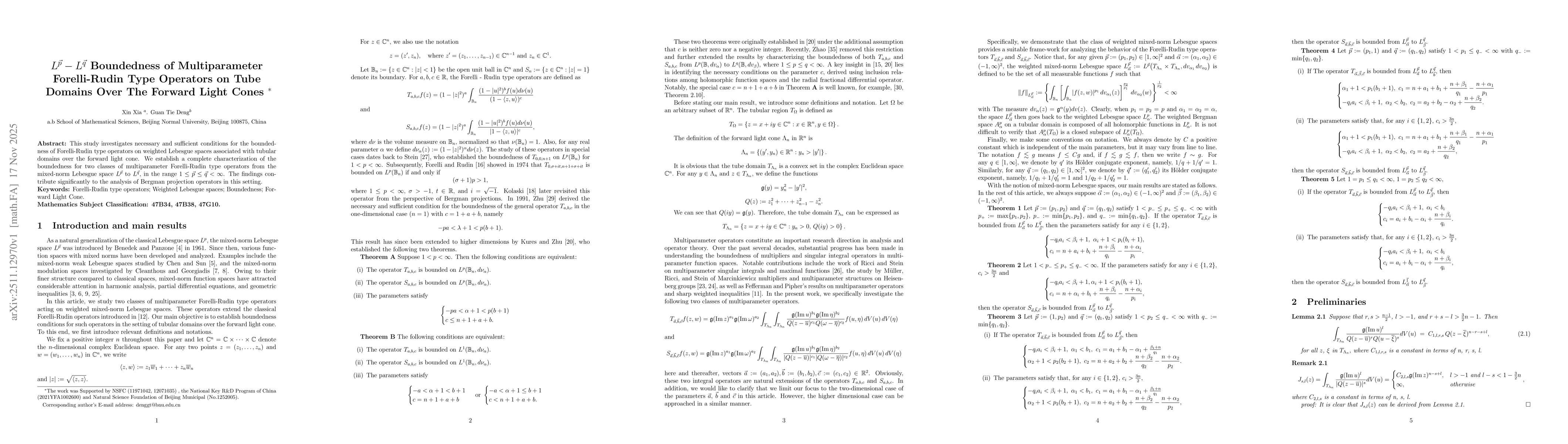Thumbnail for $L^{\vec{p}}-L^{\vec{q}}$ Boundedness of Multiparameter Forelli-Rudin Type Operators on Tube Domains Over The Forward Light Cones
