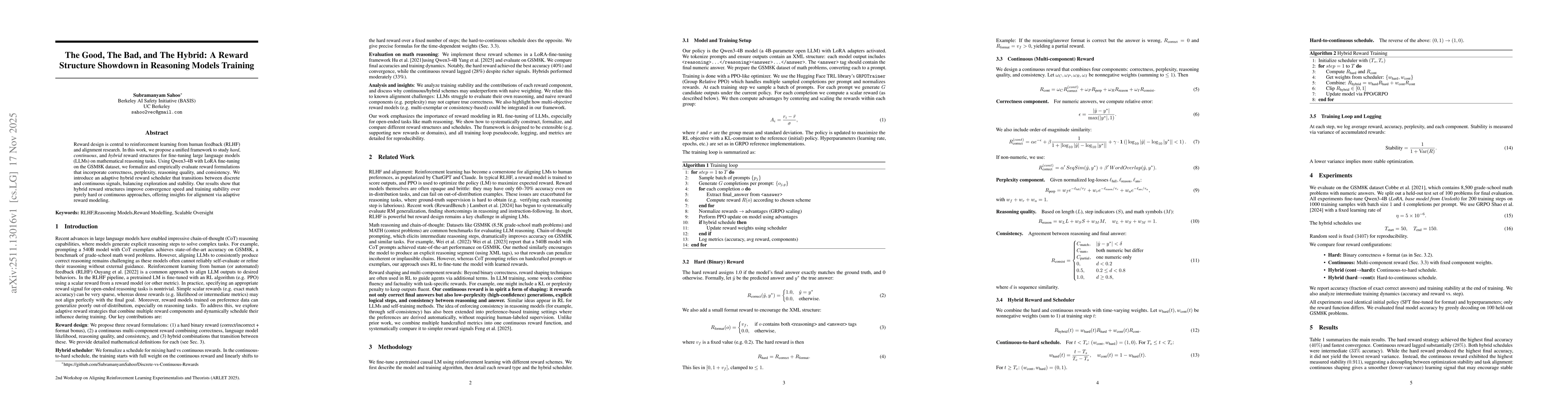 Thumbnail for The Good, The Bad, and The Hybrid: A Reward Structure Showdown in Reasoning Models Training
