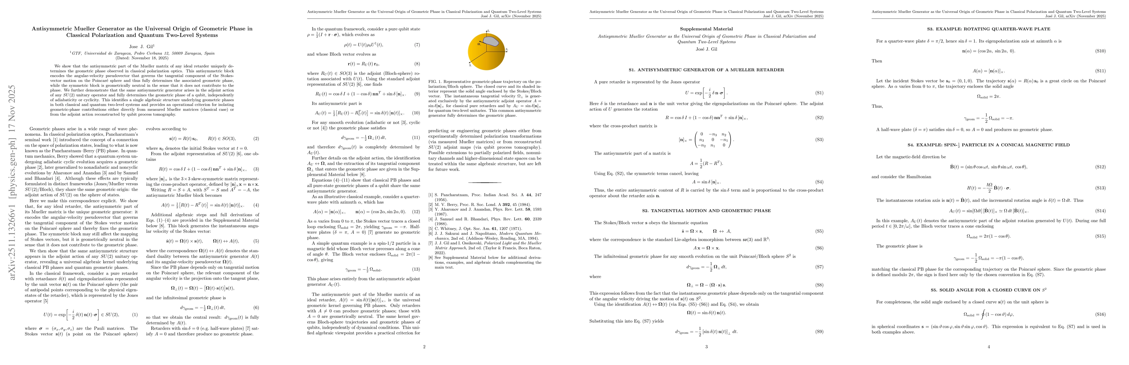 Thumbnail for Antisymmetric SU(2) adjoint generator as the universal origin of geometric phases in quantum two-level systems and classical polarization