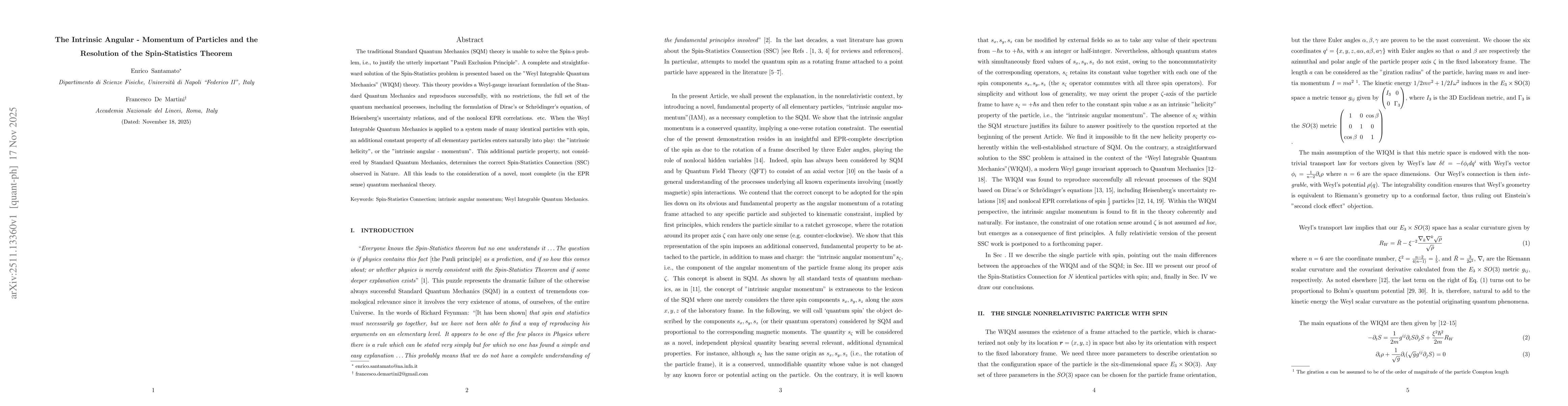 Thumbnail for The Intrinsic Angular - Momentum of Particles and the Resolution of the Spin-Statistics Theorem