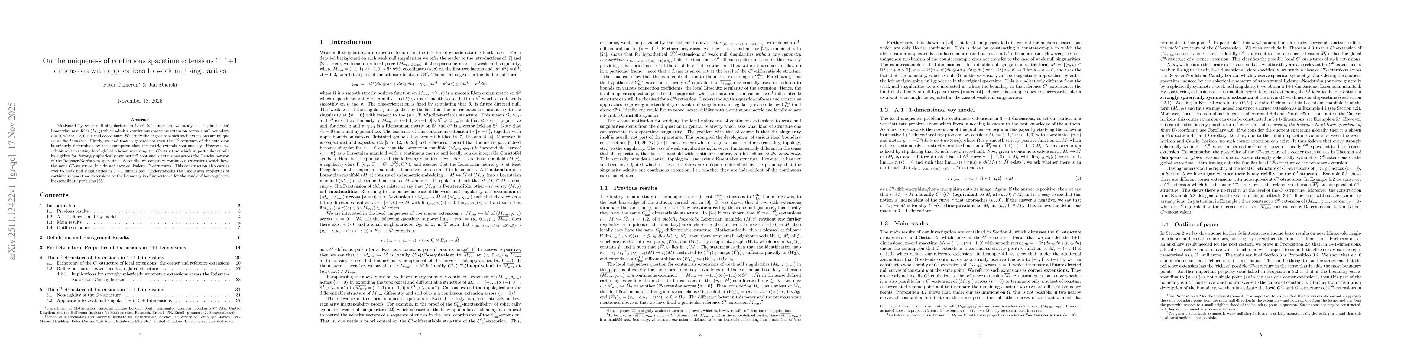 Thumbnail for On the uniqueness of continuous spacetime extensions in 1+1 dimensions with applications to weak null singularities