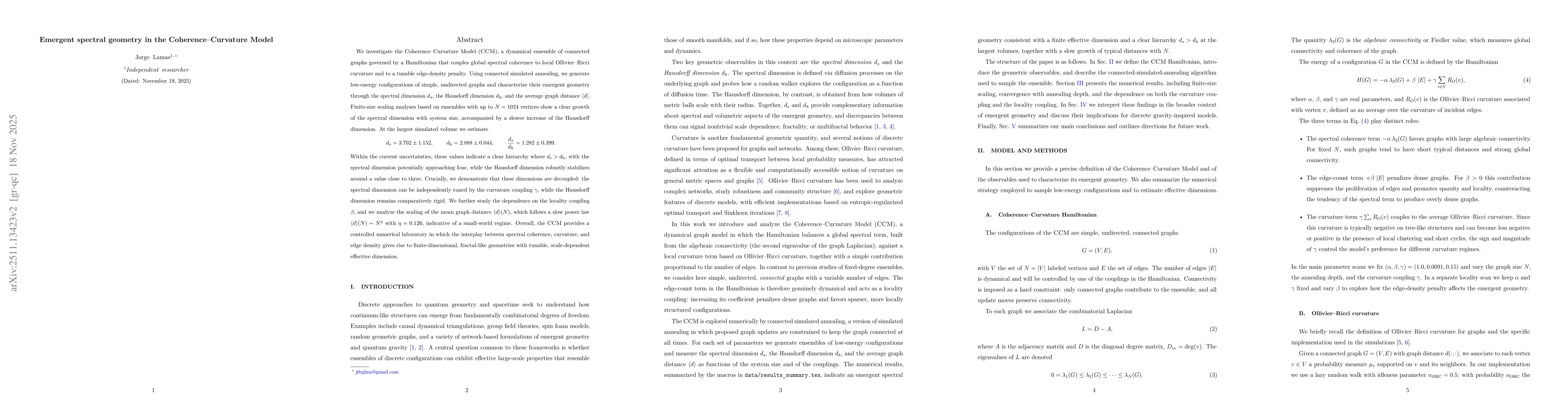 Thumbnail for Emergent spectral geometry in the Coherence--Curvature Model