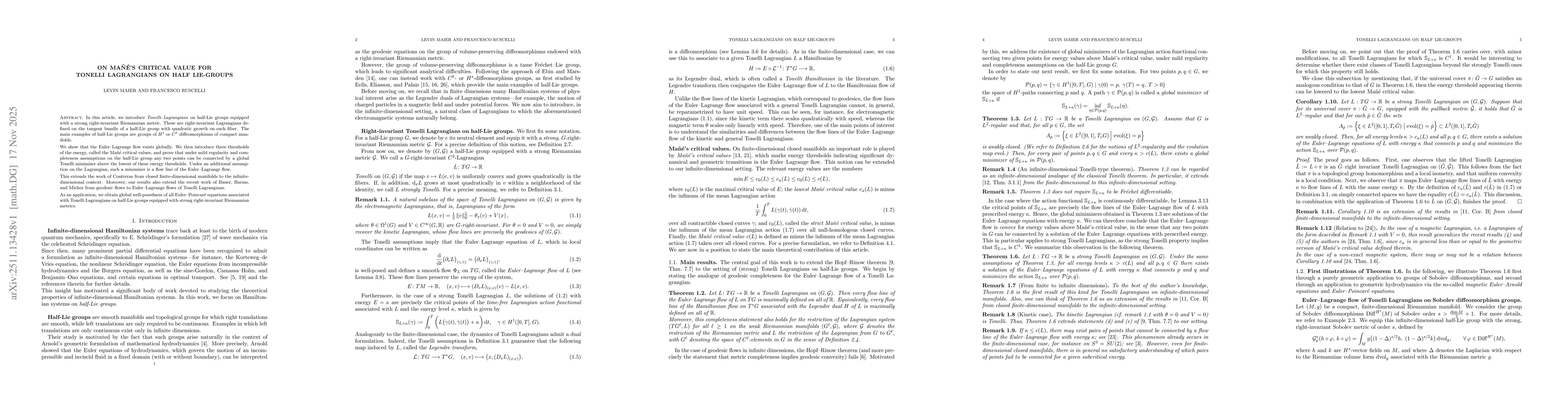 Thumbnail for On Mañé's Critical Value for Tonelli Lagrangians on Half Lie-Groups