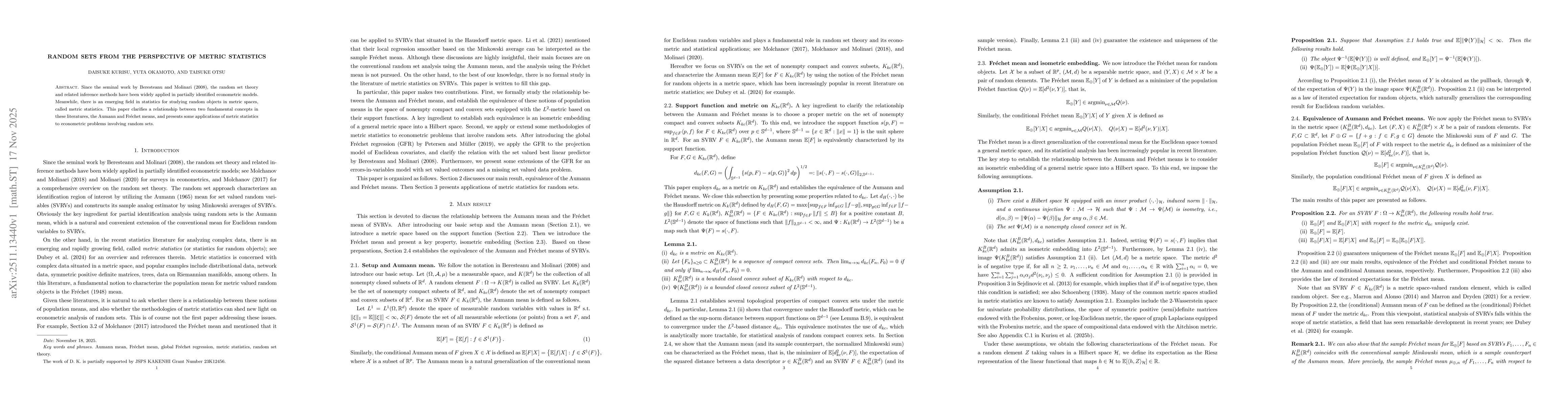 Thumbnail for Random sets from the perspective of metric statistics